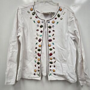 Life Style Women Jacket XL White Denim‎ 100% Cotton Front Beaded Made In  INDIA